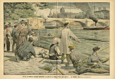 Illustration of Eugene Damblans in Le Pelerin, 23/06/05 - In summer, many Parisians invade the banks of the Seine and throw their line and... take nothing by Eugene Damblans