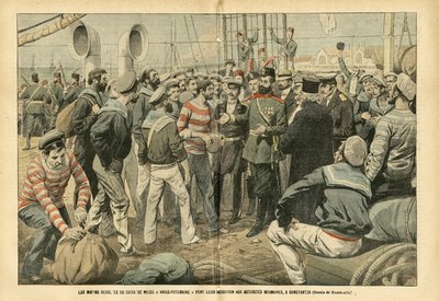 The revolt sailors of the Russian Battleship Kniaz-Potemkin make their surrender to the Romanian authorities in Constantza - Russia, Maritime Marine Seaside, Romania, Revolution of 1905 by Eugene Damblans