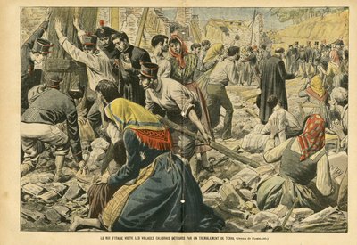 Illustration of Eugene Damblans in Le Pelerin, 24/09/05 - The King of Italy visits the Calabrian villages torn by an earthquake - Miscellaneous facts, Italy, Architecture Urbanism, Destruction buildings, Natural disaster, Earthquake, Calabria by Eugene Damblans