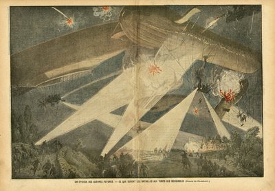 Illustration of Eugene Damblans in Le Pelerin, 24/11/07 - An episode of future wars - What will be the battles in the time of the airships - War, Balloons airships zeppelins aerostation, Nocturne, Fighting by Eugene Damblans