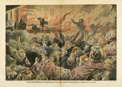 Illustration of Eugene Damblans in Le Pelerin, 26/01/08 - During a film-maker performance in the United States, hundreds of victims were killed in a fire by Eugene Damblans