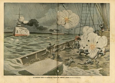 Illustration of Eugene Damblans (1865-1945) in Le Pelerin, 28/02/04 - The Russian cruisers of Vladivostok sink a Japanese transport by Eugene Damblans