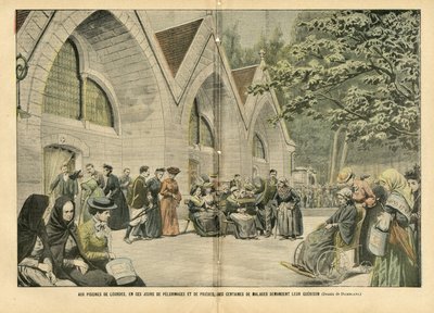 Illustration of Eugene Damblans (1865-1945) in Le Pelerin, 28/08/04 - At the pools of Lourdes, in these days of pilgrimages and prayers, hundreds of patients are asking for their war by Eugene Damblans