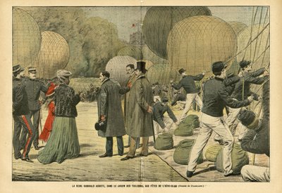 Queen Ranavalo attends, in the Tuileries Garden, the Aero-Club party - Balloons airships zeppelins aerostation, Paris, Madagascar, Public Garden, Foreign Sovereigners, Tuileries by Eugene Damblans