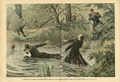 Illustration of Eugene Damblans (1865-1945) in Le Pelerin, 30/07/05 - In Riaucourt (Haute-Marne) Two Priests Die Victims of Their Devotion Trying to Save a Drowned Child by Eugene Damblans