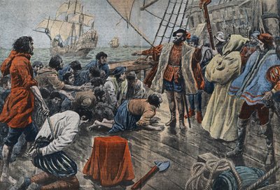 Illustration of the crew of Ferdinand Magellan swearing their allegiance to him on a cross following an unsuccessful mutiny. Ferdinand Magellan (1480-1521), Portuguese navigator, soothes a sedition of his crew and after forgiving them makes them swear loya by Eugene Damblans