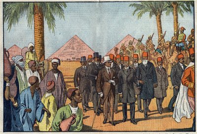 King Amanullah of Afghanistan visits the Pyramids of Egypt, accompanied by an escort of Meharists. Cairo, Egypt. Illustration of Damblans. In 