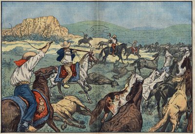Mexican Farmers Shooting Wild Horses to Avoid Food Crunch. El Paso Plains, Mexico. Illustration of Damblans. In Le Pelerin of October 6 by Eugene Damblans