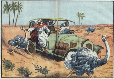Modern hunting: In the Arabian desert, wealthy Bedouins drive young Austrians to capture them alive. Illustration of Damblans. In Le Pelerin of April 16 by Eugene Damblans