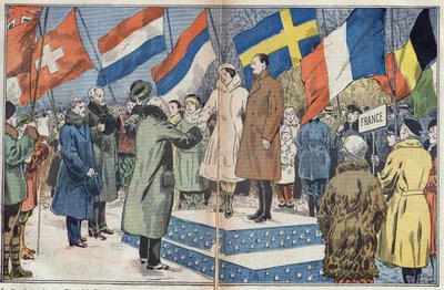 Olympic Winter Games (1932) - closing ceremony: the French skaters M. and Mrs. Brunet Joly, Olympic champions, are congratulated by the jury. Lake Placid, USA. Illustration of Damblans. In “Le Pelerin” of March 18 by Eugene Damblans