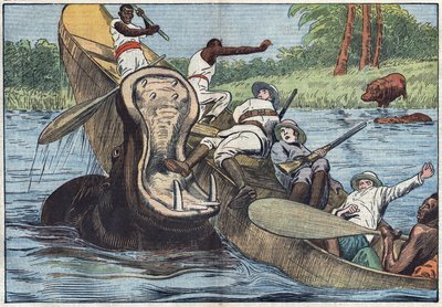 On Lake Victoria, Africa, a boat occupied by Anglican missionaries and indigenous people is capsized by a wounded hippo. Illustration of Damblans. In “Le Pelerin” of May 16 by Eugene Damblans