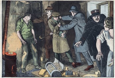 Police surprise in Paris skiers who sank in their crucible for several million gold and silver coins. Illustration of Damblans. In “Le Pelerin” of February 28 by Eugene Damblans