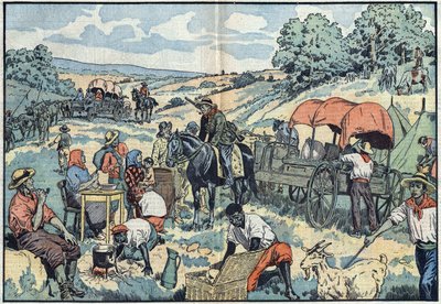 Population migration in Africa: 2000 Boers leave the Portuguese colony of Angola by carriage to the more fertile regions of South Africa. Illustration of Damblans in Le Pelerin of September 30 by Eugene Damblans