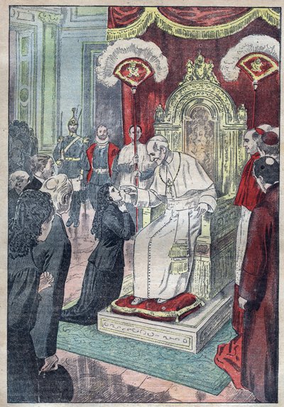 Saint Therese of the Child Jesus (or Lisieux 1873-1897) still a young girl at the feet of Pope Leon XIII, she obtained to enter Carmel at the age of fifteen in 1888 - illustration of Damblans of 1923 by Eugene Damblans