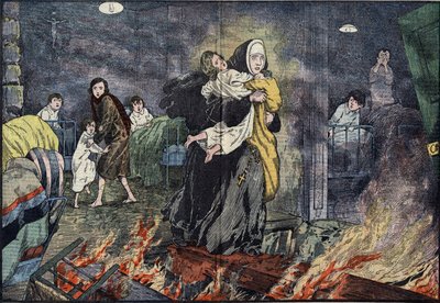 Sister Marie Gabrielle rescuing a child during the fire of the orphanage of Bernards Ville, in the United States. Illustration of Damblans in 
