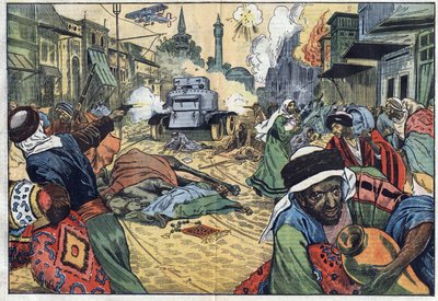 The Druze looted the streets of Damascus during the attack on the city by planes and a self-machine gun of French troops of General Maurice Sarrail. Illustration of Damblans. In “Le Pelerin” of November 15 by Eugene Damblans