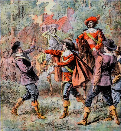 The Musketeer of Artagnan, escorted by his friend Porthos, threatens an opponent with his pistol (detail) by Eugene Damblans