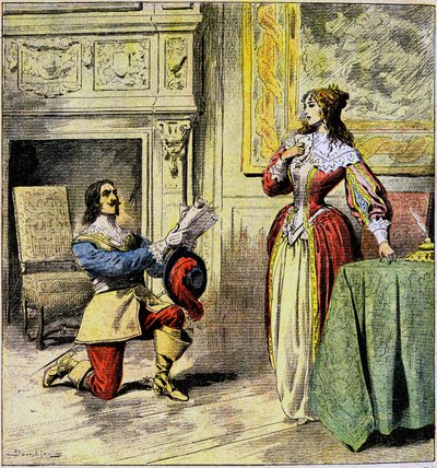 The Musketeer of Artagnan kneels at the feet of Queen Anne of Austria to return her letters (detail) by Eugene Damblans