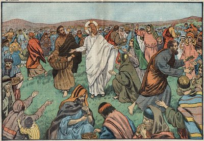 The Multiplication of Loaves: Jesus Christ Satisfies the Population by Multiplying Five Loaves and Two Fish. Illustration of Damblans. In Le Pelerin of March 18 by Eugene Damblans