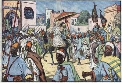 The new sultan of Morocco, Moulay Mohammed, makes his entry into the city of Rabat. Illustration of Damblans. In Le Pelerin of December 4 by Eugene Damblans