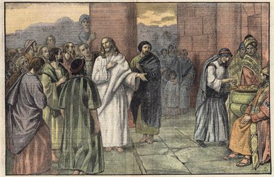 The offering of the widow. Gospel according to Saint Mark, chapter 12, v. 41-44. Illustration of Damblans. In Le Pelerin of June 28 by Eugene Damblans