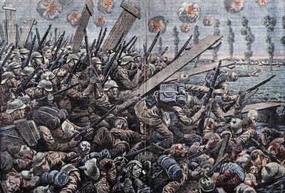 War 1914-1918. Front of Belgium 1914. German soldiers on the Yser. Drawing by Damblans. by Eugene Damblans