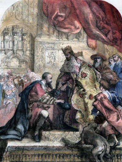 Reception of Columbus by Ferdinand and Isabella, Barcelona, 15th century by Eugene Deveria
