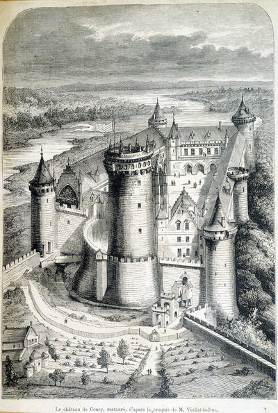 Le chateau de Coucy, restored - engraving from the sketch by Eugene Viollet-le-Duc (Viollet le Duc) (1814-1879) - Le Monde illustrious of 8/05/1858 by Eugene Emmanuel (after) Viollet le Duc