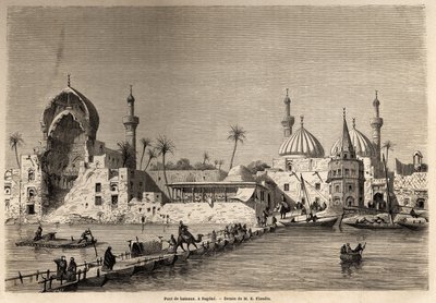 A boat bridge, in Baghdad, drawing by Eugene Flandin, to illustrate his voyage to Mesopotamia in 1840-1842. Engraving in "Le tour du monde" 1861. Selva