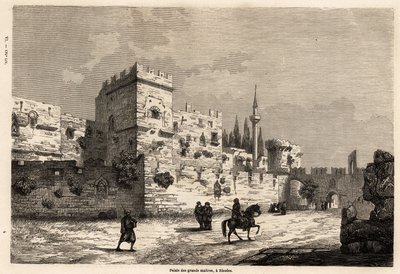 The palace of the great masters in Rhodes, drawing by Eugene Flandin, to illustrate his journey to the island of Rhodes in 1844. Engraving in Le tour du monde, edited by Edouard Charton by Eugene Flandin