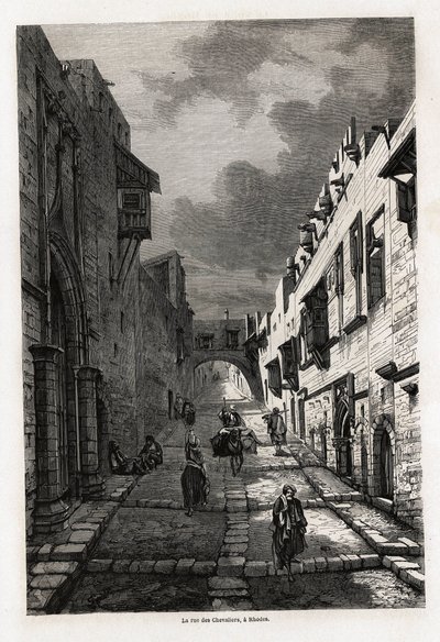 The rue des chevaliers, in Rhodes, drawing by Eugene Flandin, to illustrate his journey to the island of Rhodes in 1844. Engraving in Le tour du monde, edited by Edouard Charton by Eugene Flandin