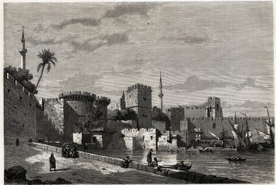 The view of the port of Rhodes and the gate of Aubusson, drawing by Eugene Flandin, to illustrate his journey to the island of Rhodes in 1844. Engraving in “Le tour du monde”, edited by Edouard Charton by Eugene Flandin