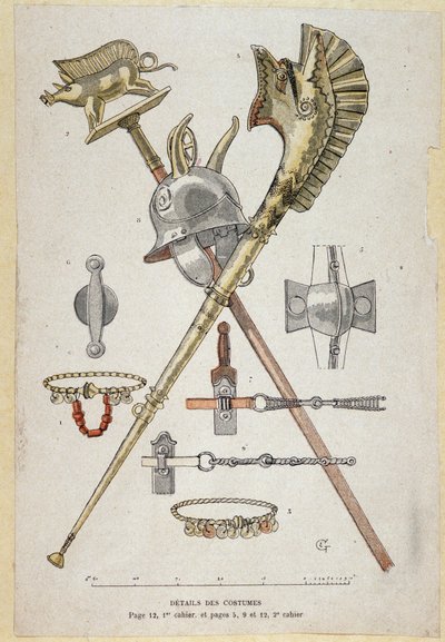 Accessories of the Gallic Warrior: Banner Decorating a Saglier Teaches, the Helmet and the Warhorn (Carnyx) - in “Illustrous Teaching Cahiers, War Costumes of the Bronze Age and the Gaulish Age”, ed. Grasset by Eugene Grasset
