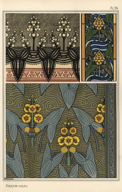 Arrowhead, Sagittaria sagittifolia, as a Design Motif in Embroidery, Stained Glass and Fabric Patterns by Eugene Grasset