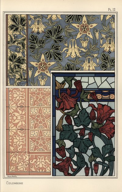 Columbine, Aquilegia Vulgaris, Flower in Patterns for Wallpaper, Stained Glass and Tiles by Eugene Grasset