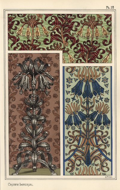Crown Imperial Flower, Fritillaria Imperialis, in Wallpaper and Fabric Patterns, and as Design for a Steel Art Object by Eugene Grasset