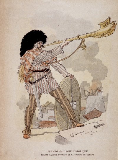 Gallic soldier sounding from the horn of war (carnyx) - in “Illustrous Teaching Cahiers, War Costumes of the Bronze Age and the Gaulish Age”, ed Grasset by Eugene Grasset