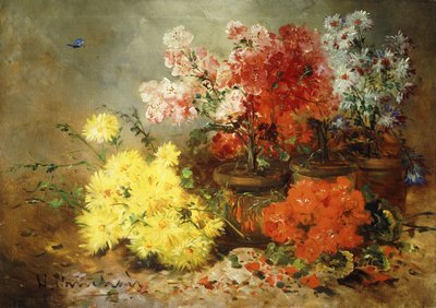 Daisies, Begonia, and Other Flowers in Pots by Eugene Henri Cauchois
