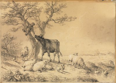 Landscape with Animals and Boy in Tree by Eugene Joseph Verboeckhoven