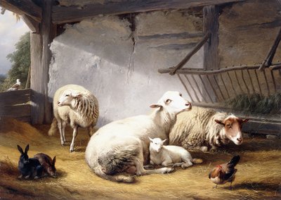 Sheep, Rabbits and a Chicken in a Barn by Eugene Joseph Verboeckhoven