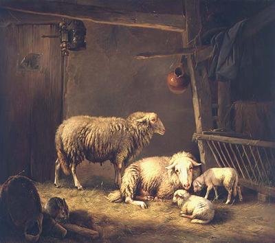 Sheep in a barn by Eugene Joseph Verboeckhoven