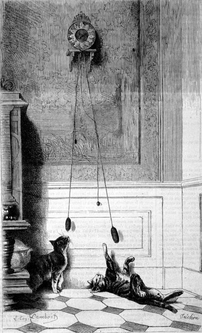 Two kittens playing with a clock. Illustration by Eugene Lambert. Engraving by Eugene Lambert