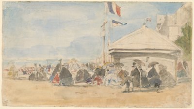 Beach House with Flags at Trouville, c. 1865 by Eugene Louis Boudin