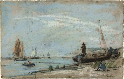 Beach with Fishing Boats (recto); Landscape with Farmer Plowing a Field (verso) by Eugene Louis Boudin