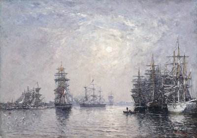 Le Havre, Eure Basin, Sailing Boats at Anchor, Sunset by Eugene Louis Boudin