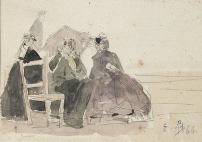 Three Women Seated on Chairs on a Beach, late 19th century by Eugene Louis Boudin