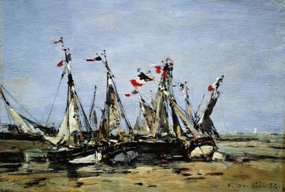Trouville, waiting for the tide, fishing boats on the beach, decorated with French flags, commemorating the French Revolution of 1789 by Eugene Louis Boudin