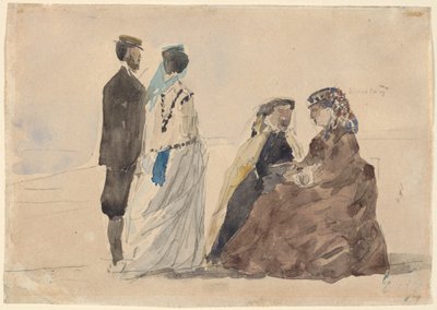 Two Ladies Seated and a Couple Walking on the Beach by Eugene Louis Boudin