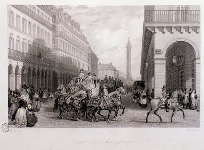 Cortege of an ambassador on the Place de la Bourse upon his arrival in Paris. Engraving by Eugene Louis Lami 1843 Private collection by Eugene Louis Lami
