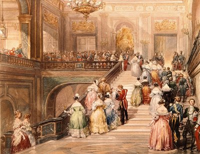 King Louis Philippe I (1773 - 1850) and Queen Marie Amélie de Bourbon (1782 - 1866) received the guests on the occasion of the inauguration of the Museum of Versailles in 1837. Illustration by Eugène Lami (1800 - 1890) by Eugene Louis Lami